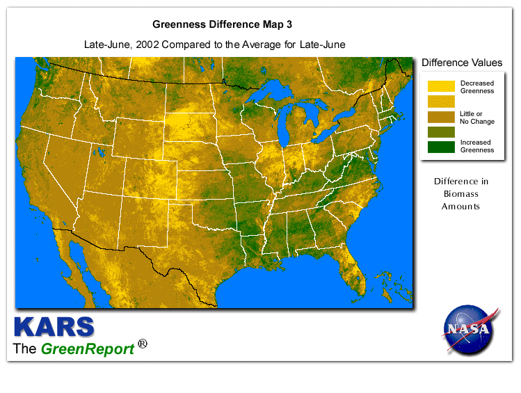 Color-coded U.S. vegetation greeness index map for Period 26 of 2002, illustrating spatial variations in plant vigor, with greener tones indicating higher biomass and browner tones indicating stressed vegetation,
              comparing current crop/vegetation change in biomass to the 20-year greenness average.