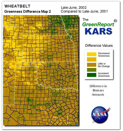 Color-coded Wheat Belt vegetation greeness index map for Period 26 of 2002, illustrating spatial variations in plant vigor, with greener tones indicating higher biomass and browner tones indicating stressed vegetation,
              comparing current crop/vegetation change in biomass to same period from the previous year.