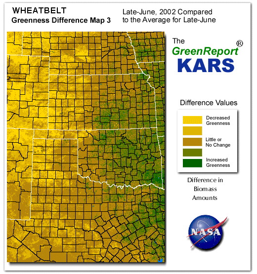 Color-coded Wheat Belt vegetation greeness index map for Period 26 of 2002, illustrating spatial variations in plant vigor, with greener tones indicating higher biomass and browner tones indicating stressed vegetation,
              comparing current crop/vegetation change in biomass to the 20-year greenness average.