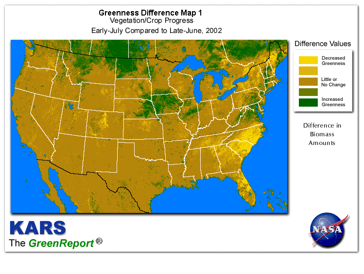 Color-coded U.S. vegetation greeness index map for Period 27 of 2002, illustrating spatial variations in plant vigor, with greener tones indicating higher biomass and browner tones indicating stressed vegetation,
              comparing current crop/vegetation change in biomass to the previous week within the same year.