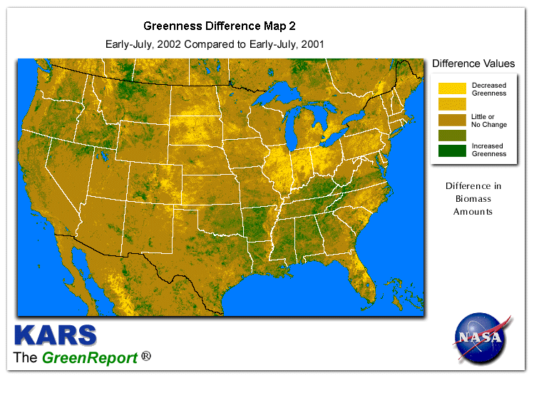 Color-coded U.S. vegetation greeness index map for Period 27 of 2002, illustrating spatial variations in plant vigor, with greener tones indicating higher biomass and browner tones indicating stressed vegetation,
              comparing current crop/vegetation change in biomass to same period from the previous year.