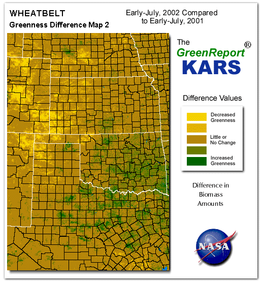 Color-coded Wheat Belt vegetation greeness index map for Period 27 of 2002, illustrating spatial variations in plant vigor, with greener tones indicating higher biomass and browner tones indicating stressed vegetation,
              comparing current crop/vegetation change in biomass to same period from the previous year.