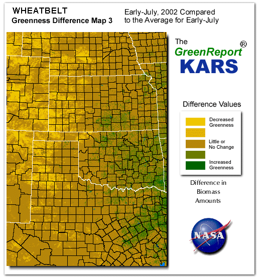 Color-coded Wheat Belt vegetation greeness index map for Period 27 of 2002, illustrating spatial variations in plant vigor, with greener tones indicating higher biomass and browner tones indicating stressed vegetation,
              comparing current crop/vegetation change in biomass to the 20-year greenness average.
