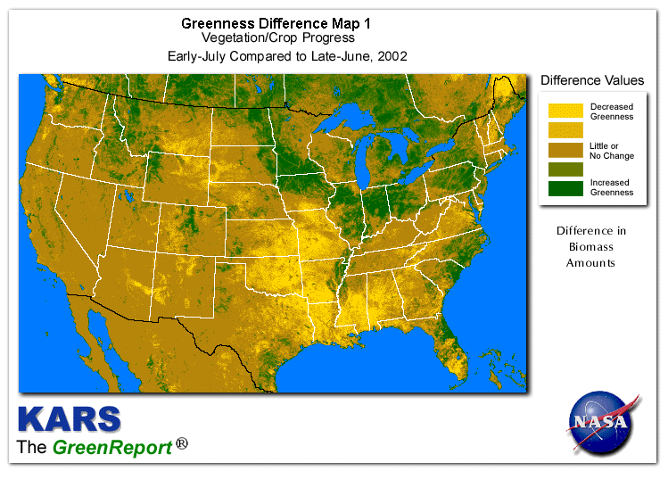 Color-coded U.S. vegetation greeness index map for Period 28 of 2002, illustrating spatial variations in plant vigor, with greener tones indicating higher biomass and browner tones indicating stressed vegetation,
              comparing current crop/vegetation change in biomass to the previous week within the same year.