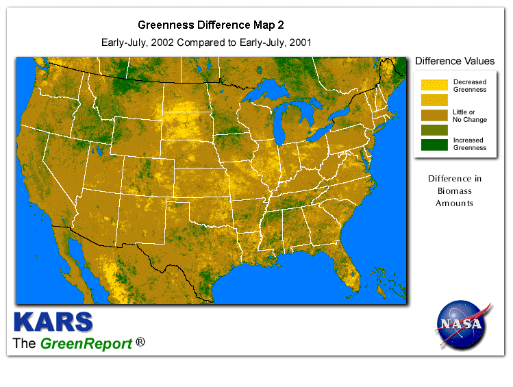 Color-coded U.S. vegetation greeness index map for Period 28 of 2002, illustrating spatial variations in plant vigor, with greener tones indicating higher biomass and browner tones indicating stressed vegetation,
              comparing current crop/vegetation change in biomass to same period from the previous year.