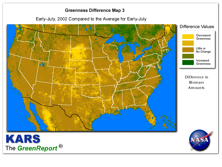 Color-coded U.S. vegetation greeness index map for Period 28 of 2002, illustrating spatial variations in plant vigor, with greener tones indicating higher biomass and browner tones indicating stressed vegetation,
              comparing current crop/vegetation change in biomass to the 20-year greenness average.