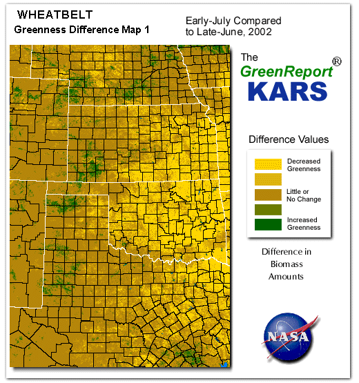 Color-coded Wheat Belt vegetation greeness index map for Period 28 of 2002, illustrating spatial variations in plant vigor, with greener tones indicating higher biomass and browner tones indicating stressed vegetation,
              comparing current crop/vegetation change in biomass to the previous week within the same year.