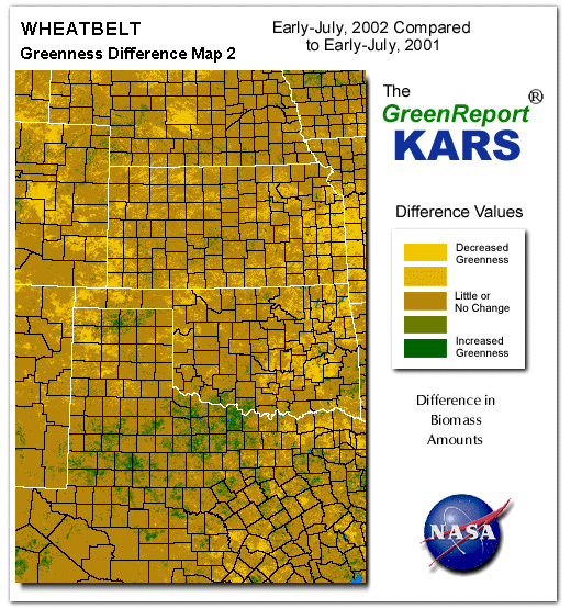 Color-coded Wheat Belt vegetation greeness index map for Period 28 of 2002, illustrating spatial variations in plant vigor, with greener tones indicating higher biomass and browner tones indicating stressed vegetation,
              comparing current crop/vegetation change in biomass to same period from the previous year.
