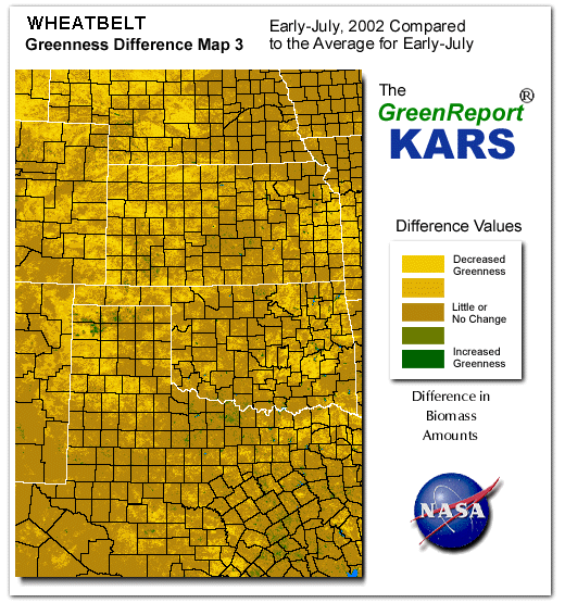 Color-coded Wheat Belt vegetation greeness index map for Period 28 of 2002, illustrating spatial variations in plant vigor, with greener tones indicating higher biomass and browner tones indicating stressed vegetation,
              comparing current crop/vegetation change in biomass to the 20-year greenness average.