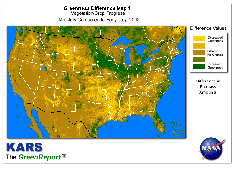 Color-coded U.S. vegetation greeness index map for Period 29 of 2002, illustrating spatial variations in plant vigor, with greener tones indicating higher biomass and browner tones indicating stressed vegetation,
              comparing current crop/vegetation change in biomass to the previous week within the same year.