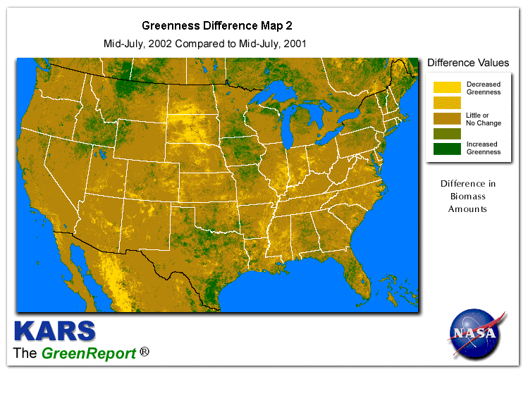 Color-coded U.S. vegetation greeness index map for Period 29 of 2002, illustrating spatial variations in plant vigor, with greener tones indicating higher biomass and browner tones indicating stressed vegetation,
              comparing current crop/vegetation change in biomass to same period from the previous year.