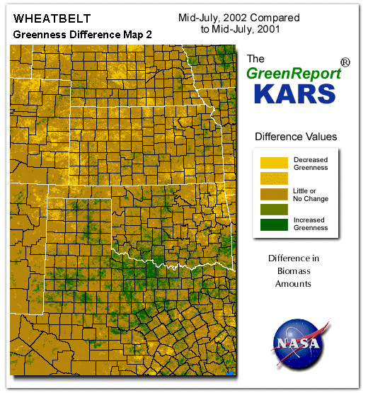 Color-coded Wheat Belt vegetation greeness index map for Period 29 of 2002, illustrating spatial variations in plant vigor, with greener tones indicating higher biomass and browner tones indicating stressed vegetation,
              comparing current crop/vegetation change in biomass to same period from the previous year.