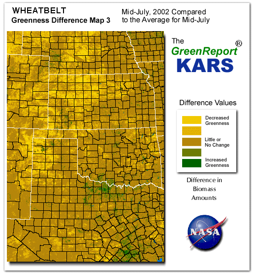 Color-coded Wheat Belt vegetation greeness index map for Period 29 of 2002, illustrating spatial variations in plant vigor, with greener tones indicating higher biomass and browner tones indicating stressed vegetation,
              comparing current crop/vegetation change in biomass to the 20-year greenness average.
