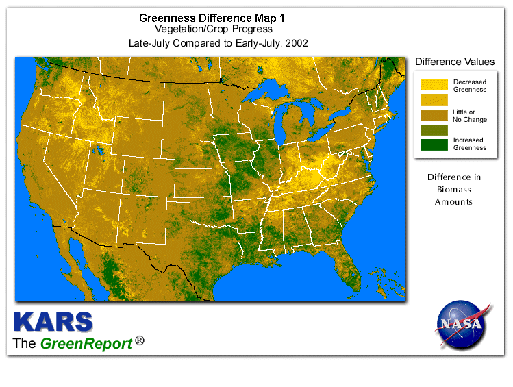 Color-coded U.S. vegetation greeness index map for Period 30 of 2002, illustrating spatial variations in plant vigor, with greener tones indicating higher biomass and browner tones indicating stressed vegetation,
              comparing current crop/vegetation change in biomass to the previous week within the same year.