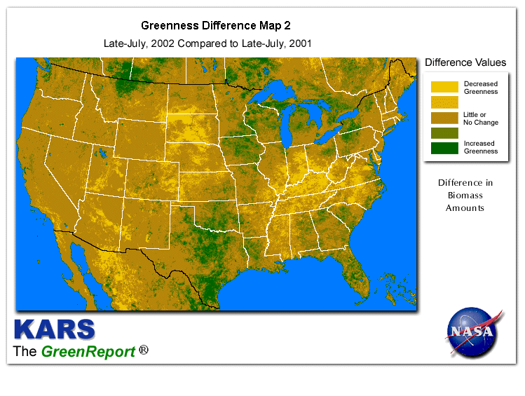Color-coded U.S. vegetation greeness index map for Period 30 of 2002, illustrating spatial variations in plant vigor, with greener tones indicating higher biomass and browner tones indicating stressed vegetation,
              comparing current crop/vegetation change in biomass to same period from the previous year.