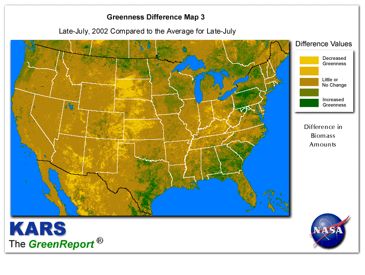 Color-coded U.S. vegetation greeness index map for Period 30 of 2002, illustrating spatial variations in plant vigor, with greener tones indicating higher biomass and browner tones indicating stressed vegetation,
              comparing current crop/vegetation change in biomass to the 20-year greenness average.