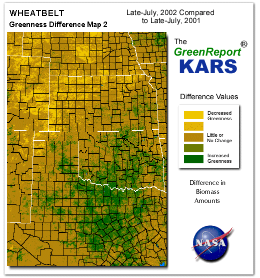 Color-coded Wheat Belt vegetation greeness index map for Period 30 of 2002, illustrating spatial variations in plant vigor, with greener tones indicating higher biomass and browner tones indicating stressed vegetation,
              comparing current crop/vegetation change in biomass to same period from the previous year.