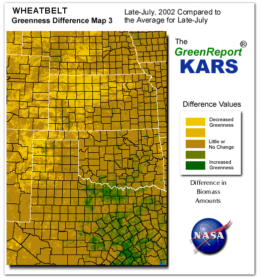 Color-coded Wheat Belt vegetation greeness index map for Period 30 of 2002, illustrating spatial variations in plant vigor, with greener tones indicating higher biomass and browner tones indicating stressed vegetation,
              comparing current crop/vegetation change in biomass to the 20-year greenness average.
