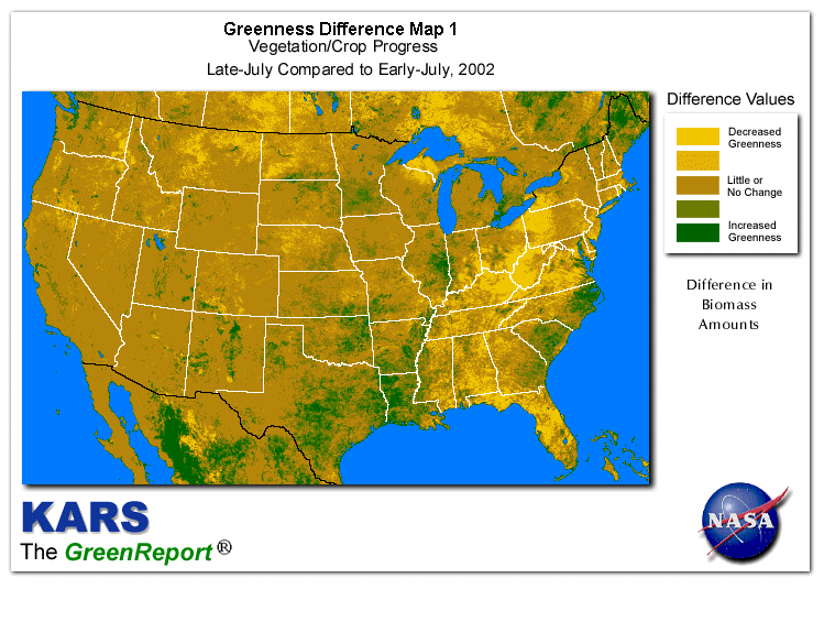 Color-coded U.S. vegetation greeness index map for Period 31 of 2002, illustrating spatial variations in plant vigor, with greener tones indicating higher biomass and browner tones indicating stressed vegetation,
              comparing current crop/vegetation change in biomass to the previous week within the same year.