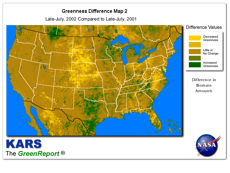 Color-coded U.S. vegetation greeness index map for Period 31 of 2002, illustrating spatial variations in plant vigor, with greener tones indicating higher biomass and browner tones indicating stressed vegetation,
              comparing current crop/vegetation change in biomass to same period from the previous year.