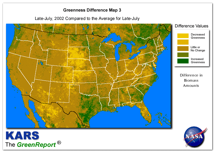 Color-coded U.S. vegetation greeness index map for Period 31 of 2002, illustrating spatial variations in plant vigor, with greener tones indicating higher biomass and browner tones indicating stressed vegetation,
              comparing current crop/vegetation change in biomass to the 20-year greenness average.