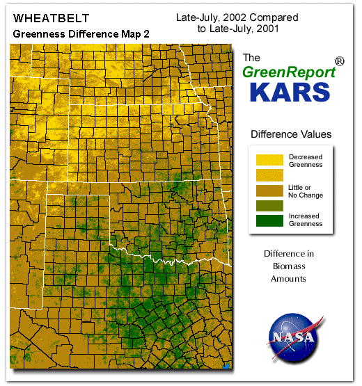 Color-coded Wheat Belt vegetation greeness index map for Period 31 of 2002, illustrating spatial variations in plant vigor, with greener tones indicating higher biomass and browner tones indicating stressed vegetation,
              comparing current crop/vegetation change in biomass to same period from the previous year.