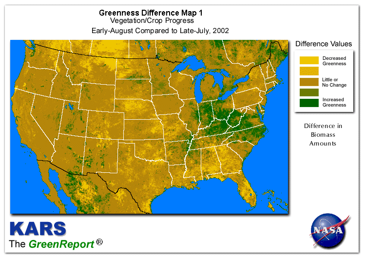 Color-coded U.S. vegetation greeness index map for Period 32 of 2002, illustrating spatial variations in plant vigor, with greener tones indicating higher biomass and browner tones indicating stressed vegetation,
              comparing current crop/vegetation change in biomass to the previous week within the same year.