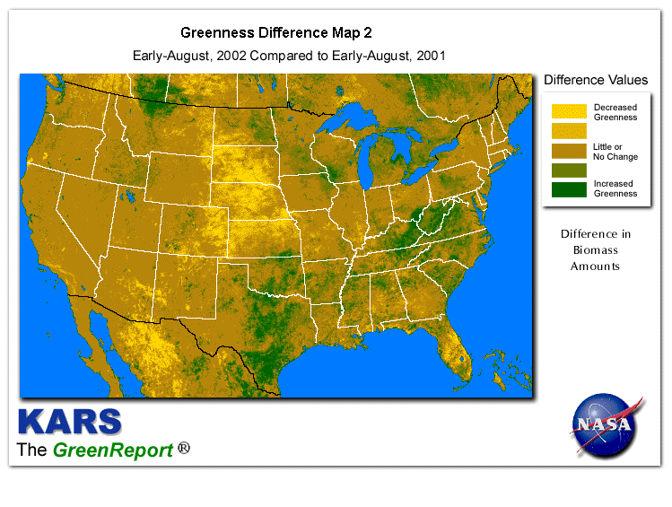 Color-coded U.S. vegetation greeness index map for Period 32 of 2002, illustrating spatial variations in plant vigor, with greener tones indicating higher biomass and browner tones indicating stressed vegetation,
              comparing current crop/vegetation change in biomass to same period from the previous year.