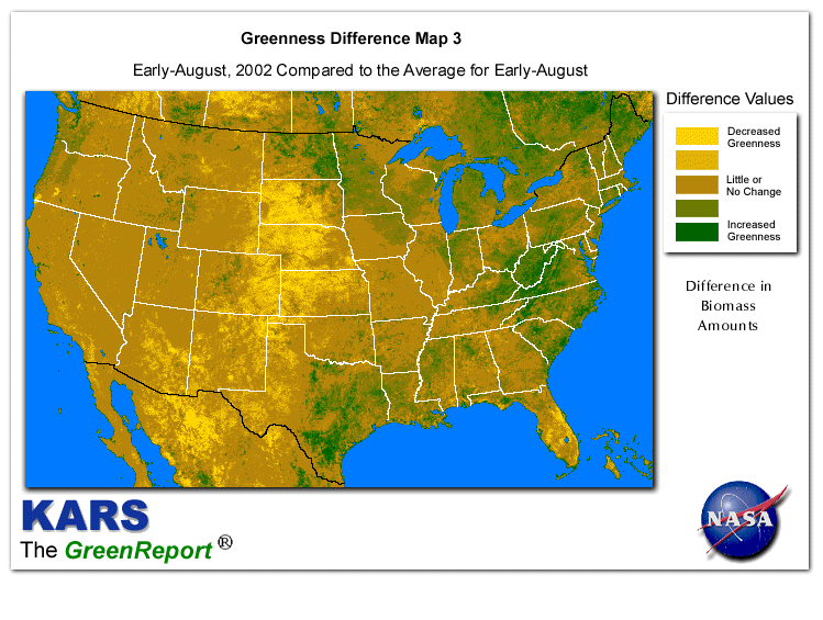 Color-coded U.S. vegetation greeness index map for Period 32 of 2002, illustrating spatial variations in plant vigor, with greener tones indicating higher biomass and browner tones indicating stressed vegetation,
              comparing current crop/vegetation change in biomass to the 20-year greenness average.