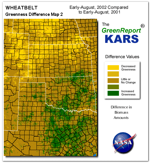 Color-coded Wheat Belt vegetation greeness index map for Period 32 of 2002, illustrating spatial variations in plant vigor, with greener tones indicating higher biomass and browner tones indicating stressed vegetation,
              comparing current crop/vegetation change in biomass to same period from the previous year.