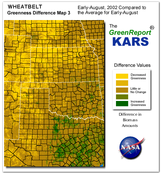 Color-coded Wheat Belt vegetation greeness index map for Period 32 of 2002, illustrating spatial variations in plant vigor, with greener tones indicating higher biomass and browner tones indicating stressed vegetation,
              comparing current crop/vegetation change in biomass to the 20-year greenness average.