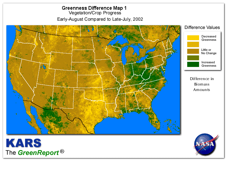 Color-coded U.S. vegetation greeness index map for Period 33 of 2002, illustrating spatial variations in plant vigor, with greener tones indicating higher biomass and browner tones indicating stressed vegetation,
              comparing current crop/vegetation change in biomass to the previous week within the same year.