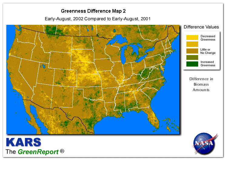 Color-coded U.S. vegetation greeness index map for Period 33 of 2002, illustrating spatial variations in plant vigor, with greener tones indicating higher biomass and browner tones indicating stressed vegetation,
              comparing current crop/vegetation change in biomass to same period from the previous year.