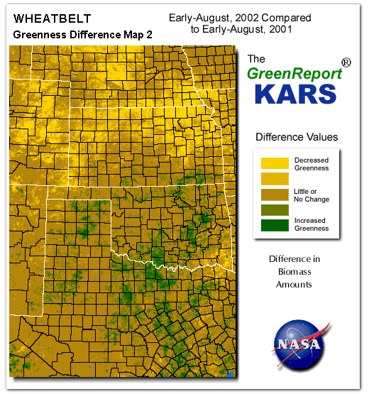 Color-coded Wheat Belt vegetation greeness index map for Period 33 of 2002, illustrating spatial variations in plant vigor, with greener tones indicating higher biomass and browner tones indicating stressed vegetation,
              comparing current crop/vegetation change in biomass to same period from the previous year.
