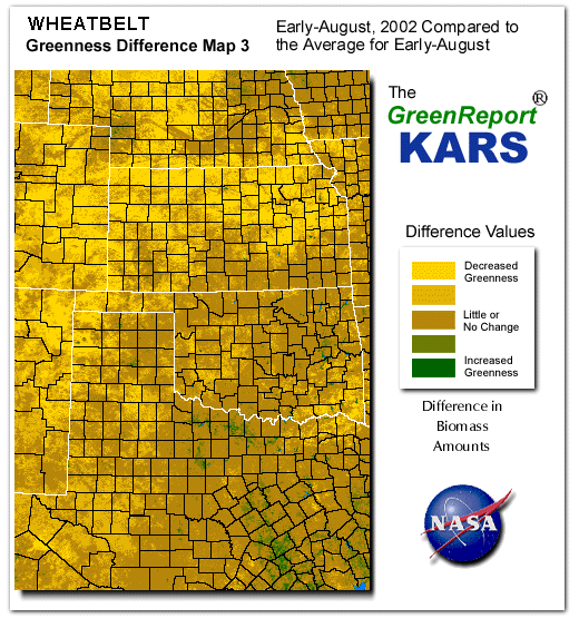 Color-coded Wheat Belt vegetation greeness index map for Period 33 of 2002, illustrating spatial variations in plant vigor, with greener tones indicating higher biomass and browner tones indicating stressed vegetation,
              comparing current crop/vegetation change in biomass to the 20-year greenness average.