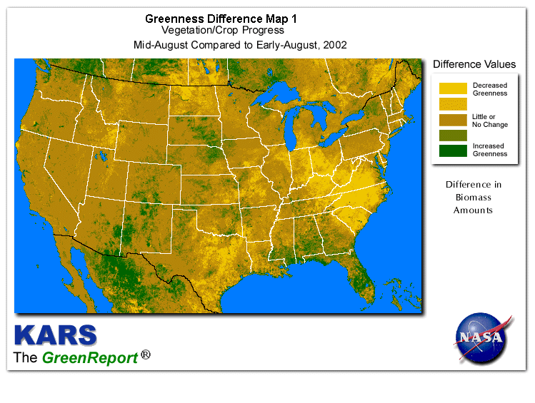 Color-coded U.S. vegetation greeness index map for Period 34 of 2002, illustrating spatial variations in plant vigor, with greener tones indicating higher biomass and browner tones indicating stressed vegetation,
              comparing current crop/vegetation change in biomass to the previous week within the same year.