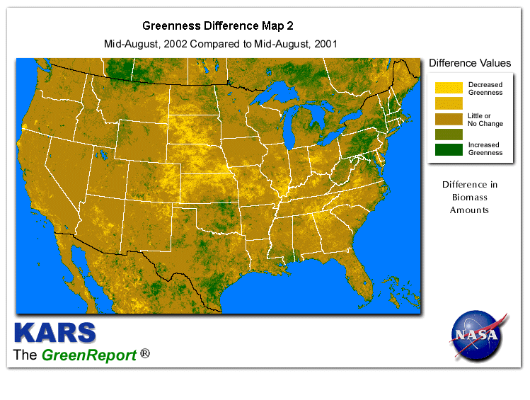 Color-coded U.S. vegetation greeness index map for Period 34 of 2002, illustrating spatial variations in plant vigor, with greener tones indicating higher biomass and browner tones indicating stressed vegetation,
              comparing current crop/vegetation change in biomass to same period from the previous year.