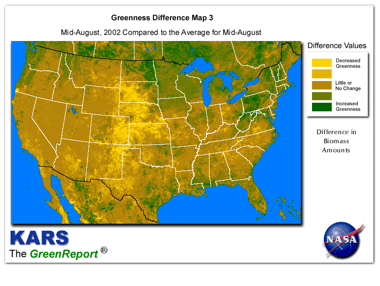 Color-coded U.S. vegetation greeness index map for Period 34 of 2002, illustrating spatial variations in plant vigor, with greener tones indicating higher biomass and browner tones indicating stressed vegetation,
              comparing current crop/vegetation change in biomass to the 20-year greenness average.