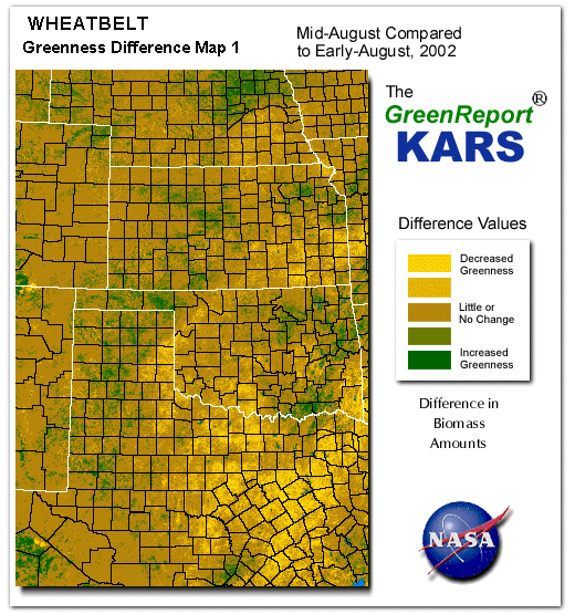Color-coded Wheat Belt vegetation greeness index map for Period 34 of 2002, illustrating spatial variations in plant vigor, with greener tones indicating higher biomass and browner tones indicating stressed vegetation,
              comparing current crop/vegetation change in biomass to the previous week within the same year.