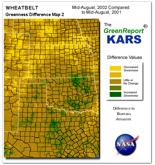 Color-coded Wheat Belt vegetation greeness index map for Period 34 of 2002, illustrating spatial variations in plant vigor, with greener tones indicating higher biomass and browner tones indicating stressed vegetation,
              comparing current crop/vegetation change in biomass to same period from the previous year.