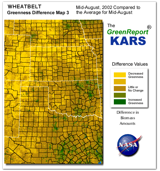 Color-coded Wheat Belt vegetation greeness index map for Period 34 of 2002, illustrating spatial variations in plant vigor, with greener tones indicating higher biomass and browner tones indicating stressed vegetation,
              comparing current crop/vegetation change in biomass to the 20-year greenness average.