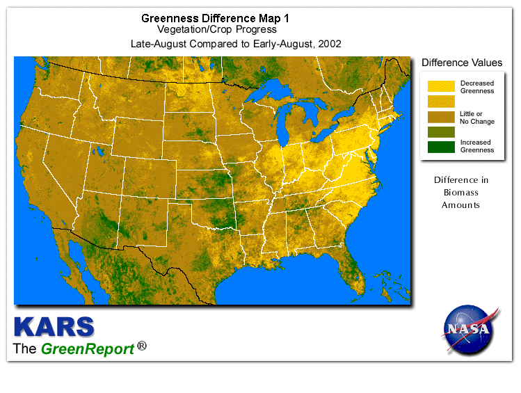 Color-coded U.S. vegetation greeness index map for Period 35 of 2002, illustrating spatial variations in plant vigor, with greener tones indicating higher biomass and browner tones indicating stressed vegetation,
              comparing current crop/vegetation change in biomass to the previous week within the same year.