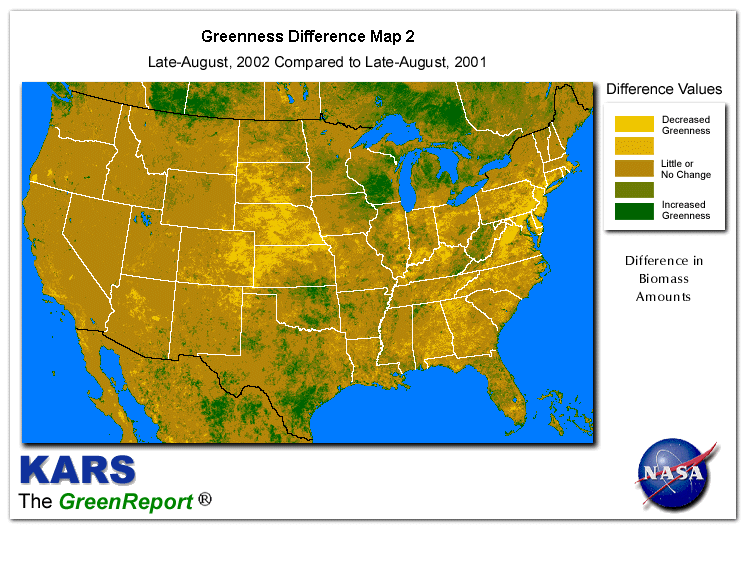 Color-coded U.S. vegetation greeness index map for Period 35 of 2002, illustrating spatial variations in plant vigor, with greener tones indicating higher biomass and browner tones indicating stressed vegetation,
              comparing current crop/vegetation change in biomass to same period from the previous year.
