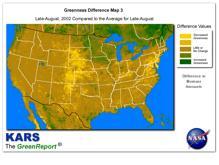 Color-coded U.S. vegetation greeness index map for Period 35 of 2002, illustrating spatial variations in plant vigor, with greener tones indicating higher biomass and browner tones indicating stressed vegetation,
              comparing current crop/vegetation change in biomass to the 20-year greenness average.