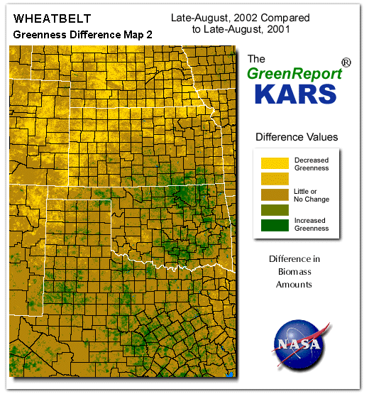 Color-coded Wheat Belt vegetation greeness index map for Period 35 of 2002, illustrating spatial variations in plant vigor, with greener tones indicating higher biomass and browner tones indicating stressed vegetation,
              comparing current crop/vegetation change in biomass to same period from the previous year.