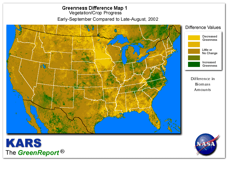 Color-coded U.S. vegetation greeness index map for Period 36 of 2002, illustrating spatial variations in plant vigor, with greener tones indicating higher biomass and browner tones indicating stressed vegetation,
              comparing current crop/vegetation change in biomass to the previous week within the same year.