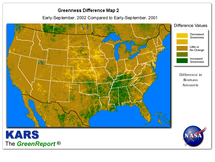 Color-coded U.S. vegetation greeness index map for Period 36 of 2002, illustrating spatial variations in plant vigor, with greener tones indicating higher biomass and browner tones indicating stressed vegetation,
              comparing current crop/vegetation change in biomass to same period from the previous year.