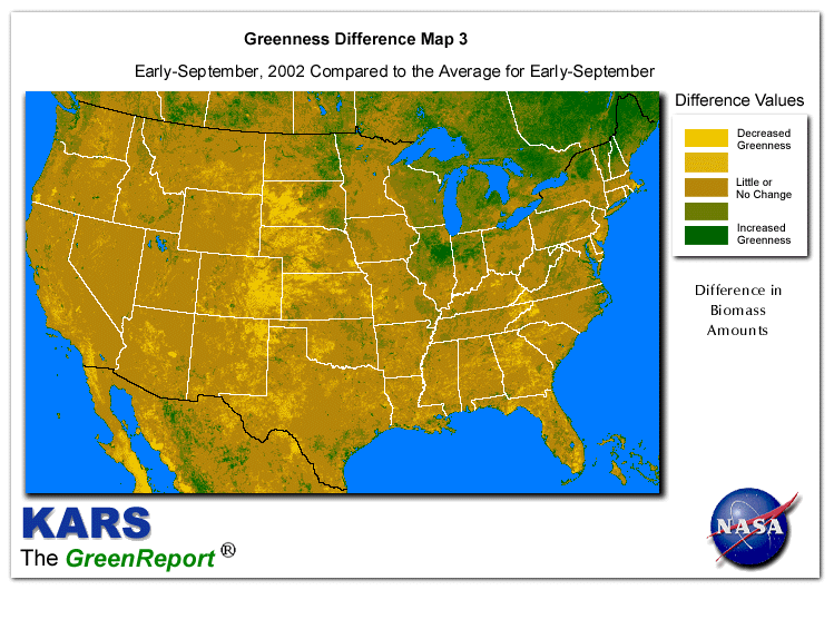 Color-coded U.S. vegetation greeness index map for Period 36 of 2002, illustrating spatial variations in plant vigor, with greener tones indicating higher biomass and browner tones indicating stressed vegetation,
              comparing current crop/vegetation change in biomass to the 20-year greenness average.