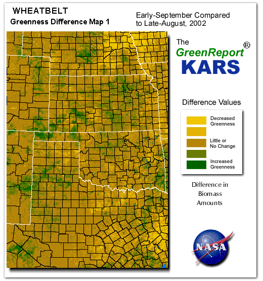 Color-coded Wheat Belt vegetation greeness index map for Period 36 of 2002, illustrating spatial variations in plant vigor, with greener tones indicating higher biomass and browner tones indicating stressed vegetation,
              comparing current crop/vegetation change in biomass to the previous week within the same year.