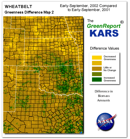 Color-coded Wheat Belt vegetation greeness index map for Period 36 of 2002, illustrating spatial variations in plant vigor, with greener tones indicating higher biomass and browner tones indicating stressed vegetation,
              comparing current crop/vegetation change in biomass to same period from the previous year.
